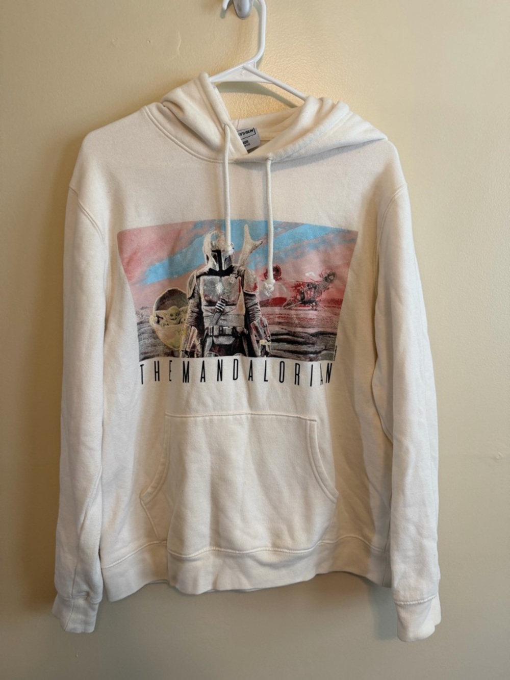 Star Wars The Mandalorian Pullover Hoodie - White with Blue & Pink Graphic